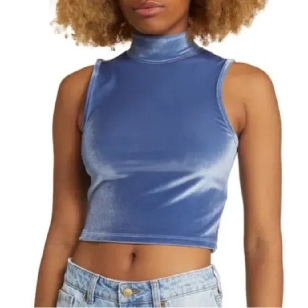 bp Crop Top Velvet Sleeveless High Mock Neck Cropped Blue Sterling NWT Small